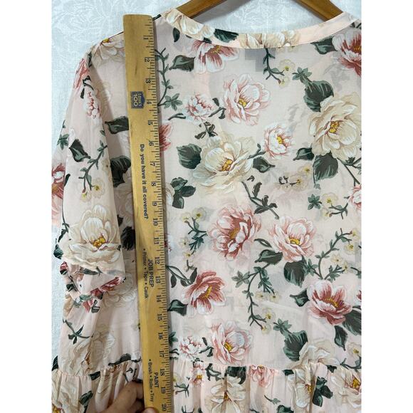 Torrid Tunic 2 2X Pink Green Floral Sheer Hi Lo Peplum Cottagecore Babydoll - Picture 10 of 11